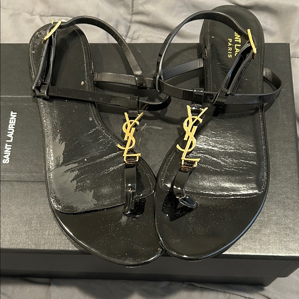 Saint Laurent Glossy Black Sandals with Gold Logo